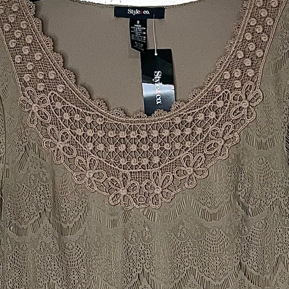 Style & Co Lace Overlay Ruffle Hem Long Sleeve Mini Dress Tan S Cocktail Party - Picture 10 of 15